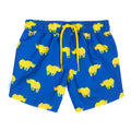 Matching blue and yellow father and son rhino swim trunks