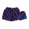 Matching father and son navy and red rhino swim shorts